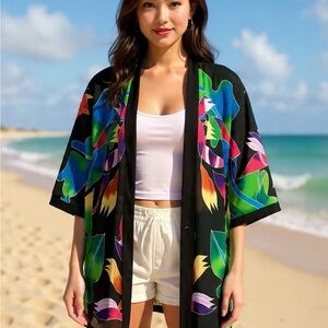 Simply Silk Women’s One Size Open Kimono Jacket Top Colorful Floral Up To XL